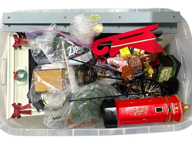 BIN WITH ASSORTED HOLIDAY DECOR & ACCESSORIES