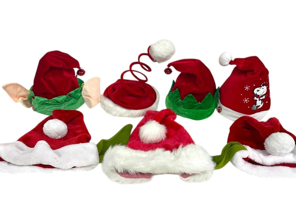 LOT OF 7 FESTIVE HOLIDAY HATS: LOT OF 7 FESTIVE HOLIDAY HATS -VERY GOOD PRE OWNED CONDITION -7 HATS -FESTIVE HOLIDAY HATS INCLUDING SANTA HATS, ELF HATS, AND NOVELTY CHRISTMAS STYLES. FEATURES VARIOUS DESIGNS SUCH AS TRADITIONAL RE