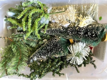 BIN OF ARTIFICIAL EVERGREENS AND MINIATURE TREES