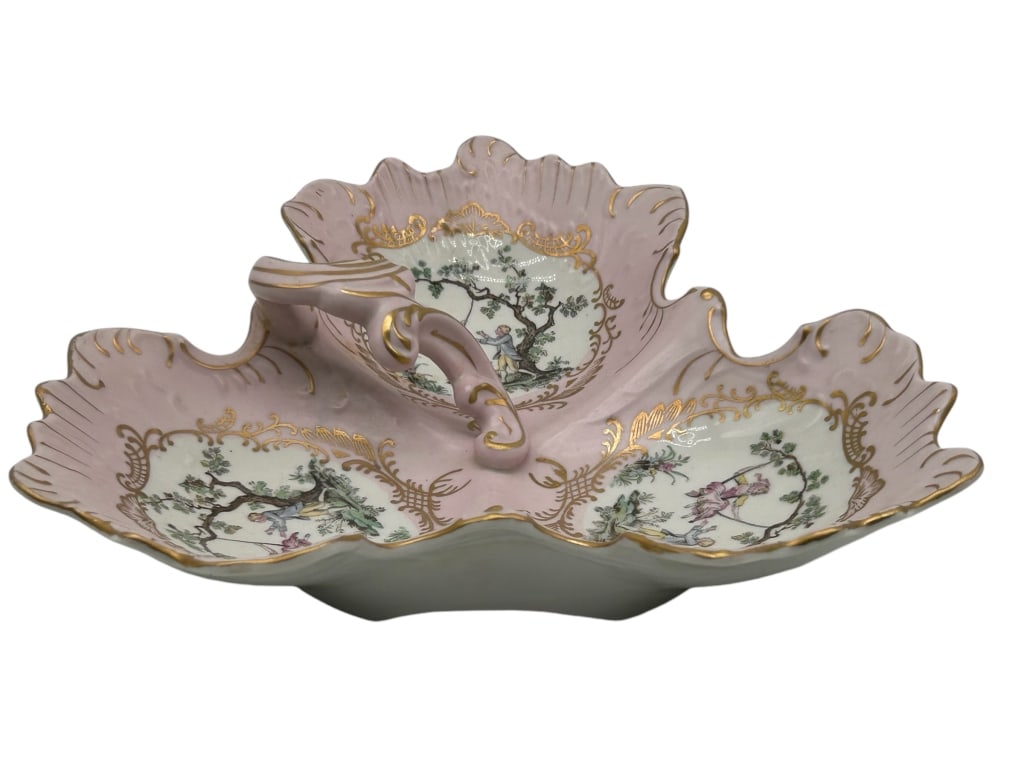 -LIMOGES STYLE HAND PAINTED PORCELAIN BOWL: -LIMOGES STYLE HAND PAINTED PORCELAIN BOWL -MADE IN FRANCE -1O" DIAMETER, 3 COMPARMENTS -VERY GOOD PREOWNED CONDITION -KK 1014