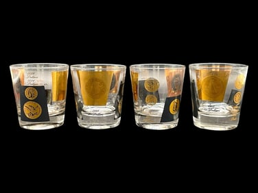 4 MID-CENTURY COIN MOTIF COCKTAIL GLASSES 3"