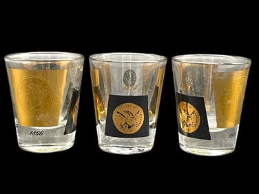 3 MID-CENTURY COIN MOTIF SHOT GLASSES 2.5"