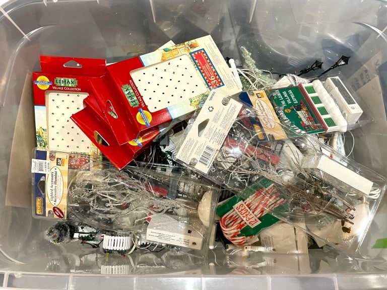 LOT OF HOLIDAY VILLAGE ACCESSORIES AND MINIATURES: LOT OF HOLIDAY VILLAGE ACCESSORIES AND MINIATURES -VARYING CONDITIONS, SEE PHOTOS -THIS EXTENSIVE COLLECTION INCLUDES A VARIETY OF LEMAX BRAND LIGHTED ACCESSORIES, VILLAGE FIGURES, TREES, STREET LAMPS