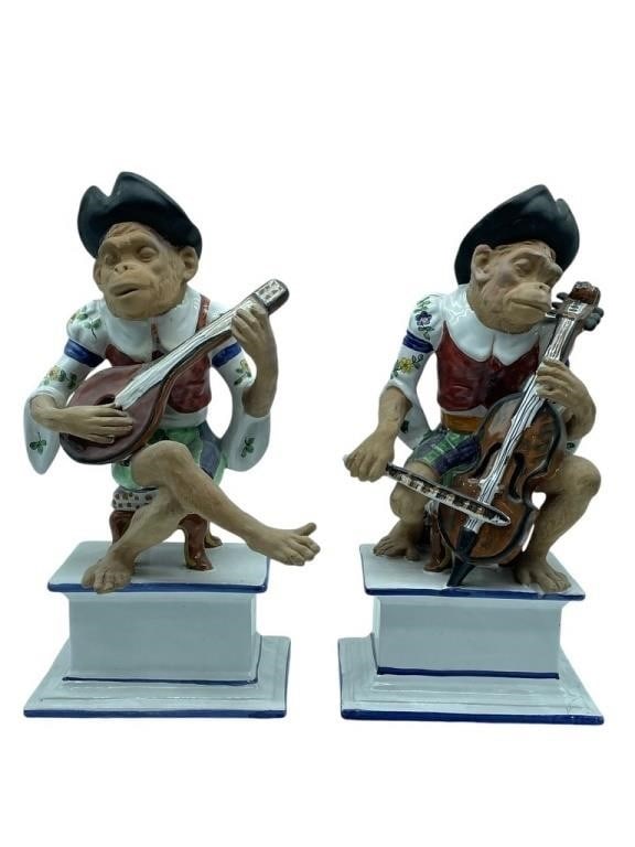 ITALIAN MAJOLICA POTTERY MUSICAL MONKEYS 16" PAIR: VINTAGE ITALIAN ART POTTERY MONKEYS - PAIR - PLAYING MUSICAL INSTRUMENTS _x001C_| PAIR OF MAJOLICA-STYLE MONKEY MUSICIAN FIGURINES – WHIMSICAL HAND-PAINTED CERAMIC FIGURES DEPICTING MONKEYS DRESSED