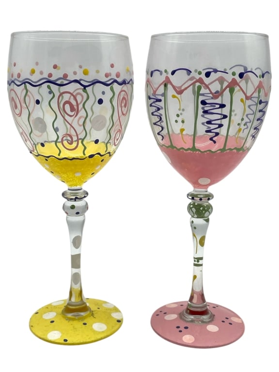 PAIR OF LOLITA STYLE HAND PAINTED WINE GLASSES 8": PAIR OF LOLITA STYLE HAND PAINTED WINE GLASSES 8" -GOOD PRE OWNED CONDITION, SOME WEAR -PAIR OF GLASSES -APPROX 8" -JA 031025 / 082125 By bidding on this item, you have read, understand, and agree to 