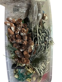 BIN OF ASSORTED HOLIDAY DECOR AND GREENERY
