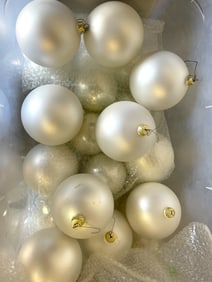 BIN OF WHITE SATIN FINISH ORNAMENTS