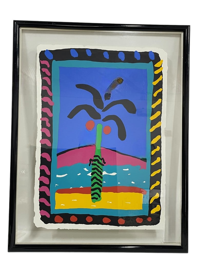 RUTH ADLER NIGHT PALM LITHO PRINT 40.5": RUTH ADLER NIGHT PALM LITHO PRINT IN FREE FLOATING FRAME -40.5" X 32" APPROX -VERY GOOD PRE OWNED CONDITION , MINOR WEAR OT FRAME -DP91824