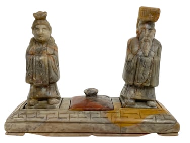 CARVED SOAPSTONE FIGURAL SCULPTURE INK WELL 4.5"