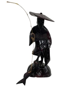 VINTAGE HAND CARVED WOODEN FISHERMAN FIGURINE 8"