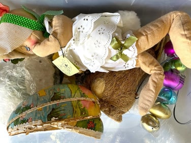 BIN OF ASSORTED EASTER DECOR INCLUDING RABBIT DOLL