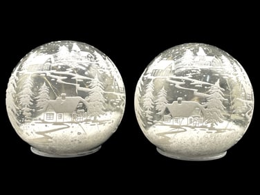 PAIR OF FROSTED GLOBES FEATURING A WINTER VILLAGE