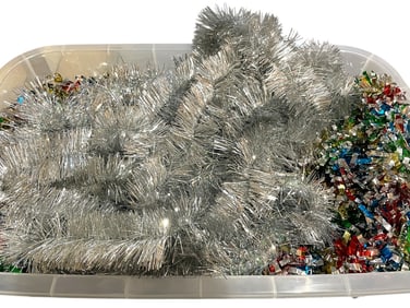 BIN OF SILVER & MULTICOLOR HOLIDAY TINSEL GARLAND