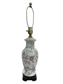PORCELAIN FLORAL TABLE LAMP WITH WOOD BASE 26"