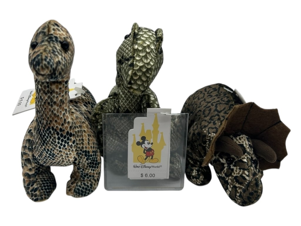 WALT DISNEY WORLD DINOSAUR BEAN BAG PLUSH SET 6": - WALT DISNEY WORLD DINOSAUR BEAN BAG PLUSH SET – RARE ANIMAL KINGDOM EXCLUSIVE WITH TAGSUNIQUE TRIO OF DINOSAUR-THEMED BEAN BAG PLUSH FIGURES FROM WALT DISNEY WORLD, LIKELY RELEASED AS A PARK EXCLU