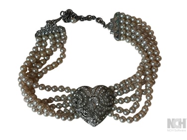 VINTAGE CRYSTAL HEART 4 STRAND FAUX PEARL NECKLACE