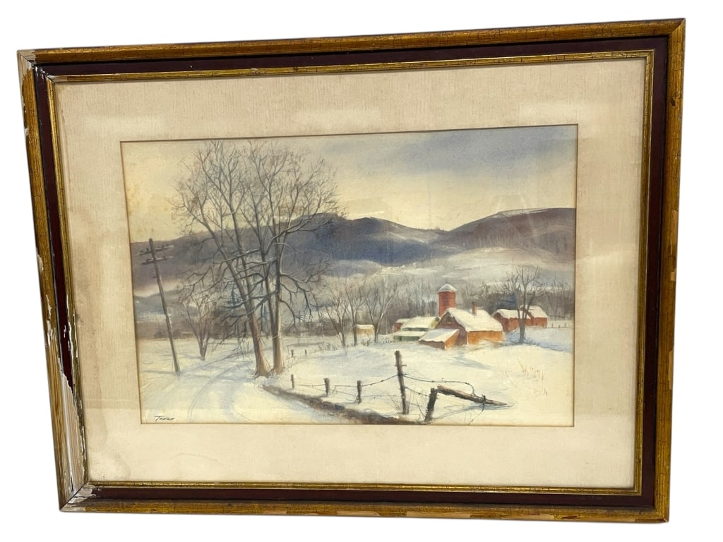 TORRE WINTER FARM LANDSCAPE WATERCOLOR 29.5": JOSEPH A. TORRE SIGNED WINTER FARM LANDSCAPE WATERCOLOR 29.5" -PRE OWNED CONDITION, SOME WEAR ON FRAME AND PAPER FROM AGE (SEE PHOTOS) -APPROX 29.5" X 1" X 23" -BEAUTIFULLY RENDERED RURAL SCENE DEPICT