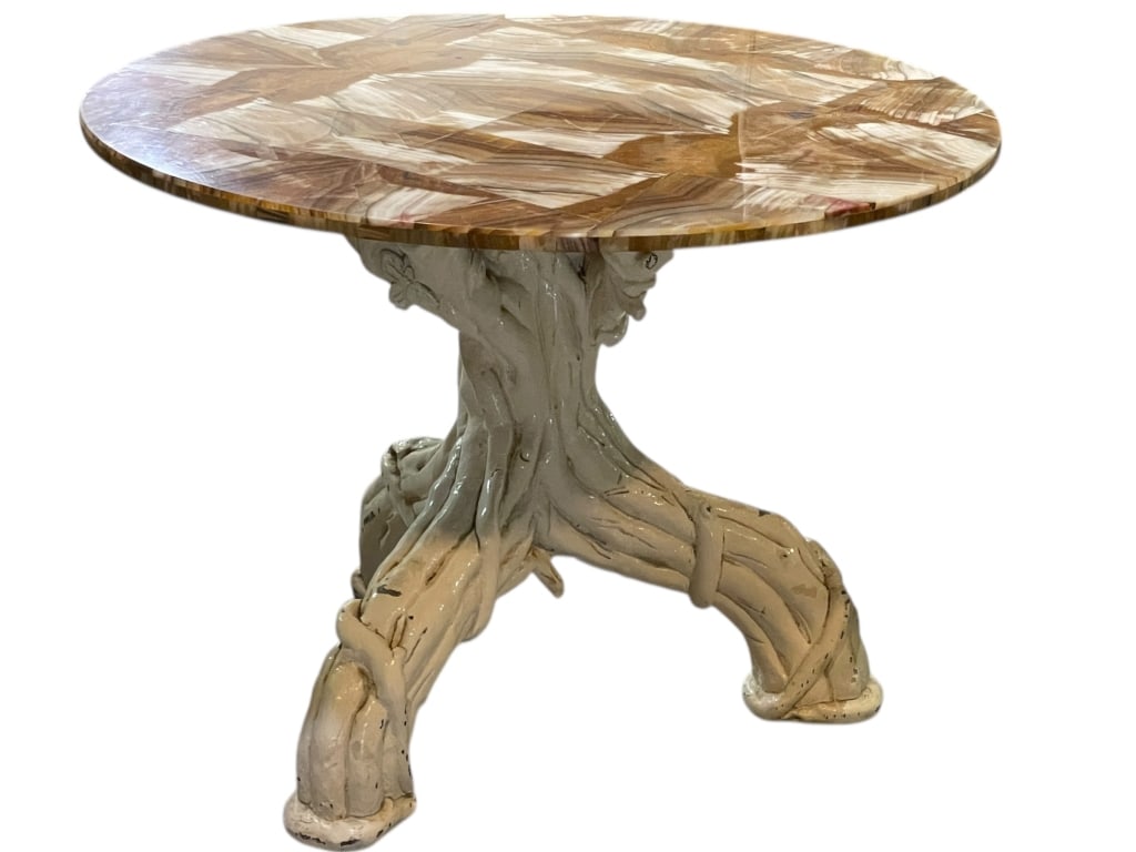 VTG ITALIAN 'FAUX BOIS' BASE ROUND ONYX TABLE 39" (1 of 8)
