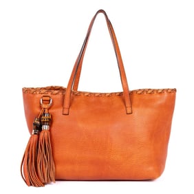 GUCCI BAMBOO TASSEL SHOPPING TOTE ORANGE CALFSKIN