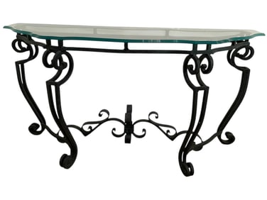 WROUGHT IRON CONSOLE TABLE WITH GLASS TOP