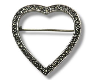 VINTAGE SILVER & MARCASITE HEART BROOCH - 4.4 G