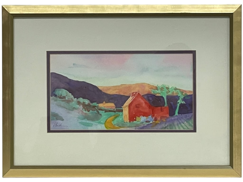 ORIGINAL WATERCOLOR LANDSCAPE 19.5": ORIGINAL WATERCOLOR LANDSCAPE -A striking original watercolor painting depicting a simplified, boldly colored landscape. The painting is characterized by an Expressionistic style, using flat planes of