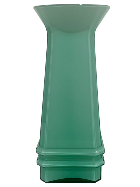 MURANO SEAFOAM GREEN GLASS VASE 12": MURANO SEAFOAM GREEN GLASS VASE 12" -Very good pre owned condition -Approx 12"h x 5"w -Elegant geometric vase crafted in seafoam green glass with clean architectural lines and a glossy finish. Its tap