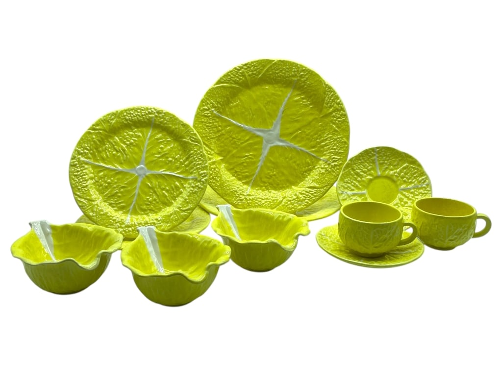 PORTUGUESE YELLOW CABBAGE PATTERN DINNERWARE SET: PORTUGUESE YELLOW CABBAGE PATTERN DINNERWARE SET -Very good pre owned condition -set includes 11 pieces -see photos for measurements of individual pieces -This colorful set includes dinner plates, sal