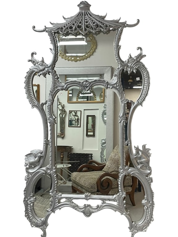 LARGE SILVER CHINOISERIE STYLE PAGODA MIRROR 90" (1 of 9)