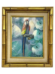 SIGNED TROPICAL PARROT PAINTING 14"