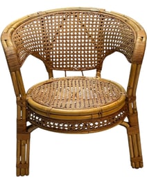 VINTAGE WOVEN RATTAN BARREL ACCENT CHAIR