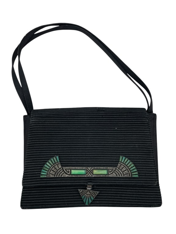 ART DECO BLACK SATIN EVENING BAG WITH GREEN DETAIL (1 of 9)