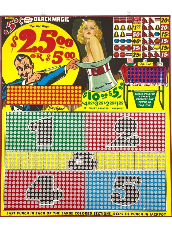 VINTAGE 5 CENT GAMBLING PUNCHBOARD BLACK MAGIC 14": VINTAGE 5 CENT GAMBLING PUNCHBOARD, BLACK MAGIC KNOWLEDGE & ANSWER GAME -A vibrant and highly collectible vintage punchboard gambling game, titled "BLACK MAGIC," which was a popular form of "trade sti