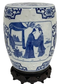 CHINOISERIE BLUE & WHITE PORCELAIN DRUM STOOL 13"