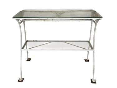 WROUGHT IRON TWO TIER BAR WITH GLASS SHELVES