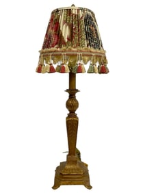 BRASS TABLE LAMP WITH FLORAL TASSELED SHADE 29"