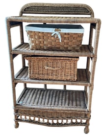 FOUR-TIER WICKER SHELVING UNIT WITH BASKETS