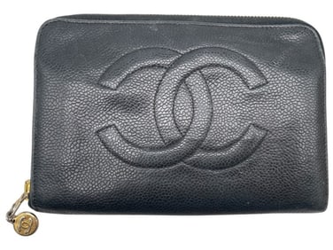 CHANEL NAVY CAVIAR LEATHER ZIP WALLET WITH CC LOGO