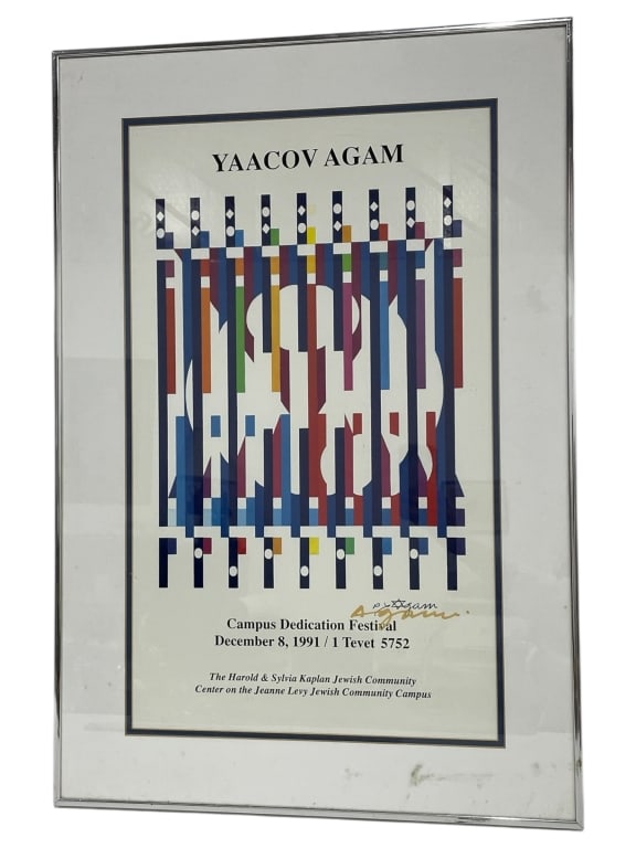 YAACOV AGAM SIGNED CAMPUS DEDICATION POSTER 27.5": YAACOV AGAM SIGNED CAMPUS DEDICATION POSTER 27.5" -Very good pre owned condition -Approx 20.5"l x 1"w x 27.5"h -The piece features Agam’s signature kinetic-style geometric composition, with vertical