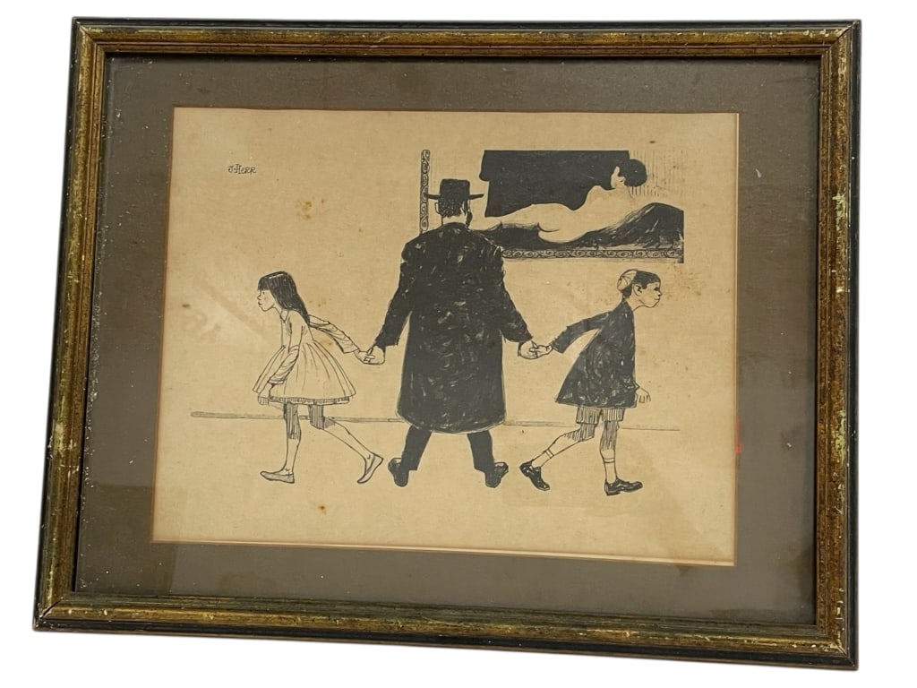 J. HERR SIGNED PRINT HUMOR ART 19.5": J. HERR SIGNED PRINT HUMOR ART 19.5" -Very good pre owned condition -Approx 19.5"l x 1"w x 15.5" -Depicting a man walking hand-in-hand with two children past a framed painting of a reclining nude. The