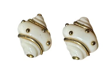 VINTAGE KENNETH J LANE SHELL GOLD CLIP EARRINGS