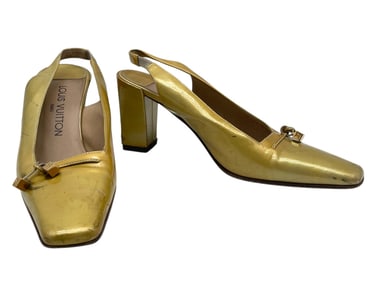 LOUIS VUITTON GOLD LEATHER SLINGBACK HEELS SZ 37.5