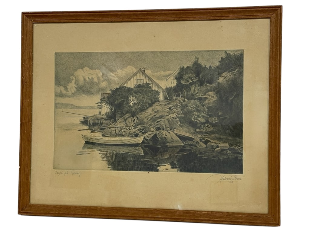 HALVARD STORM SIGNED ETCHING 21": HALVARD STORM SIGNED ETCHING 21" -Very good pre owned condition -Approx 21"l x .5"w x 17"h -This finely executed work depicts a serene coastal scene featuring a charming cottage nestled among rocks an