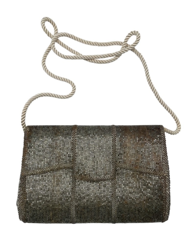 VTG METALLIC BEADED EVENING BAG W SATIN ROPE STRAP (1 of 8)