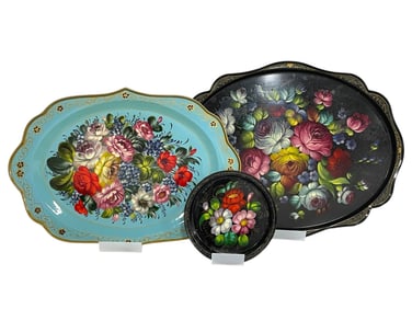 3 RUSSIAN HAND-PAINTED TOLEWARE STYLE FLORAL TRAYS