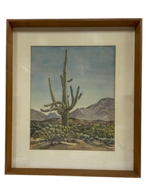 SIGNED PAINTING OF DESERT LANDSCAPE W CACTUS 23"