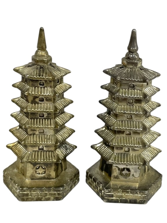GODINGER SILVER PLATE PAGODA SALT & PEPPER SHAKERS: GODINGER SILVER PLATED PAGODA SALT & PEPPER SHAKERS -Very good pre owned condition -Silver plated -Approx 3.5"h x 1.5"w -Featuring intricate architectural detailing inspired by traditional Asian templ