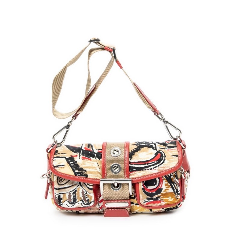 PRADA VENICE BUCKLE CROSSBODY PRINTED NYLON: Prada Venice Buckle Crossbody Printed Nylon Canvas * COLOR: Beige/Red * PRODUCTION CODE: BR2604 * INCLUDED: Card, Removable strap 24*14*6.5cm * CONDITION: A * (3cm = 1inch approximately) * Luxury bags