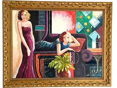 LARGE DECORATIVE OIL ON CANVAS SIGNED D. ZHANG 47"