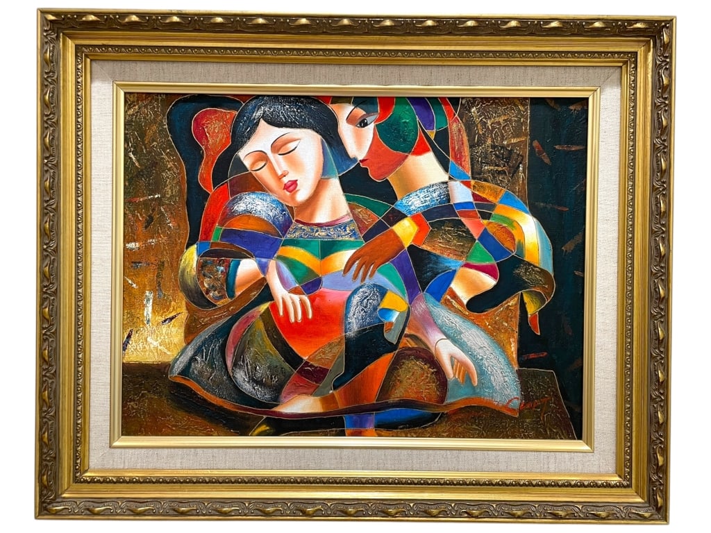 CUBIST-STYLE OIL ON CANVAS SIGNED: CUBIST-STYLE OIL ON CANVAS ABSTRACT EMBRACING COUPLE_x005F _x005F A vibrant, small-format original oil painting on canvas signed in the lower right. The work depicts an embracing couple rendered in a 